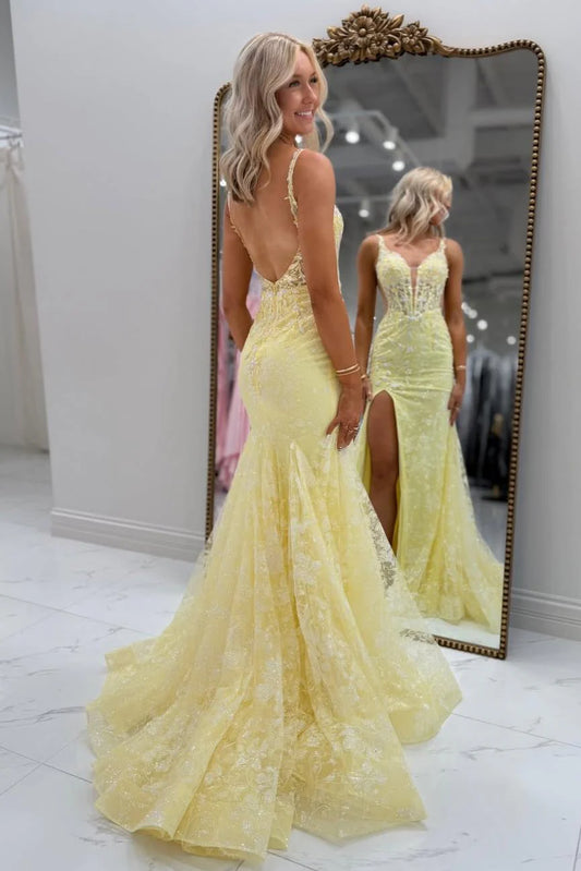 Yellow Lace Appliqué Deep V Neck Backless Mermaid Prom Dress with Slit AD210