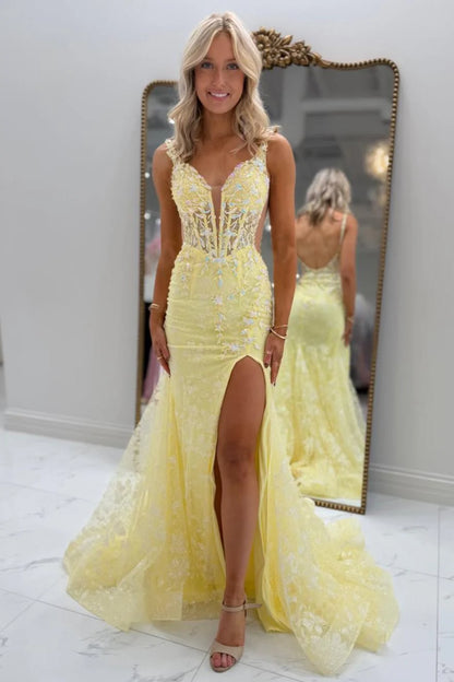 Yellow Lace Appliqué Deep V Neck Backless Mermaid Prom Dress with Slit AD210