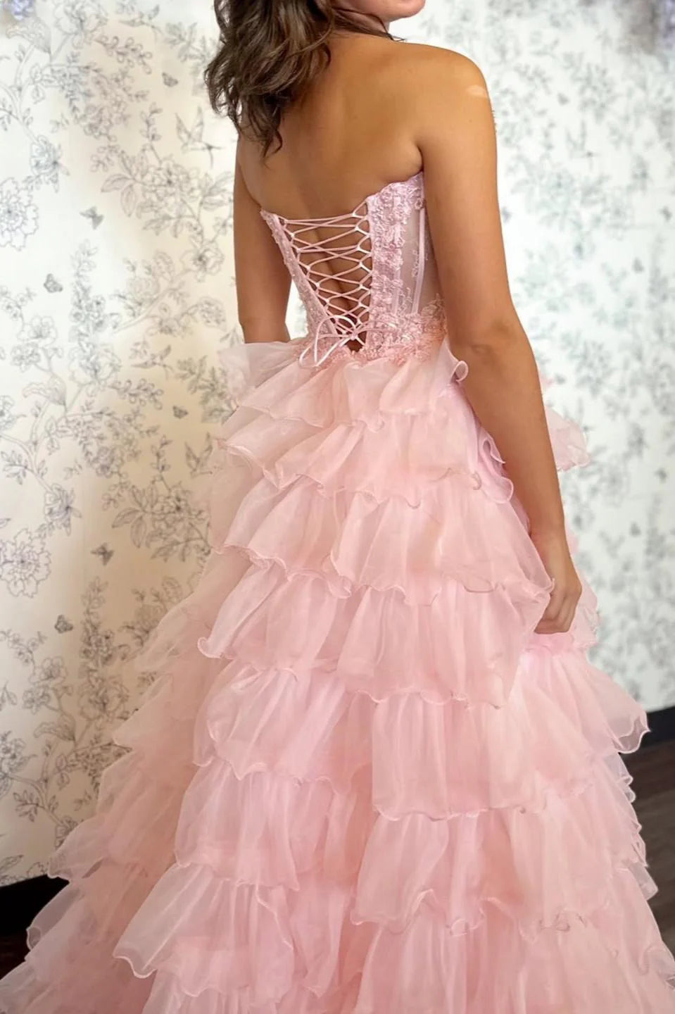 Romantic Blush Pink Sweetheart Corset Tiered Tulle Prom Gown With Slit AD211