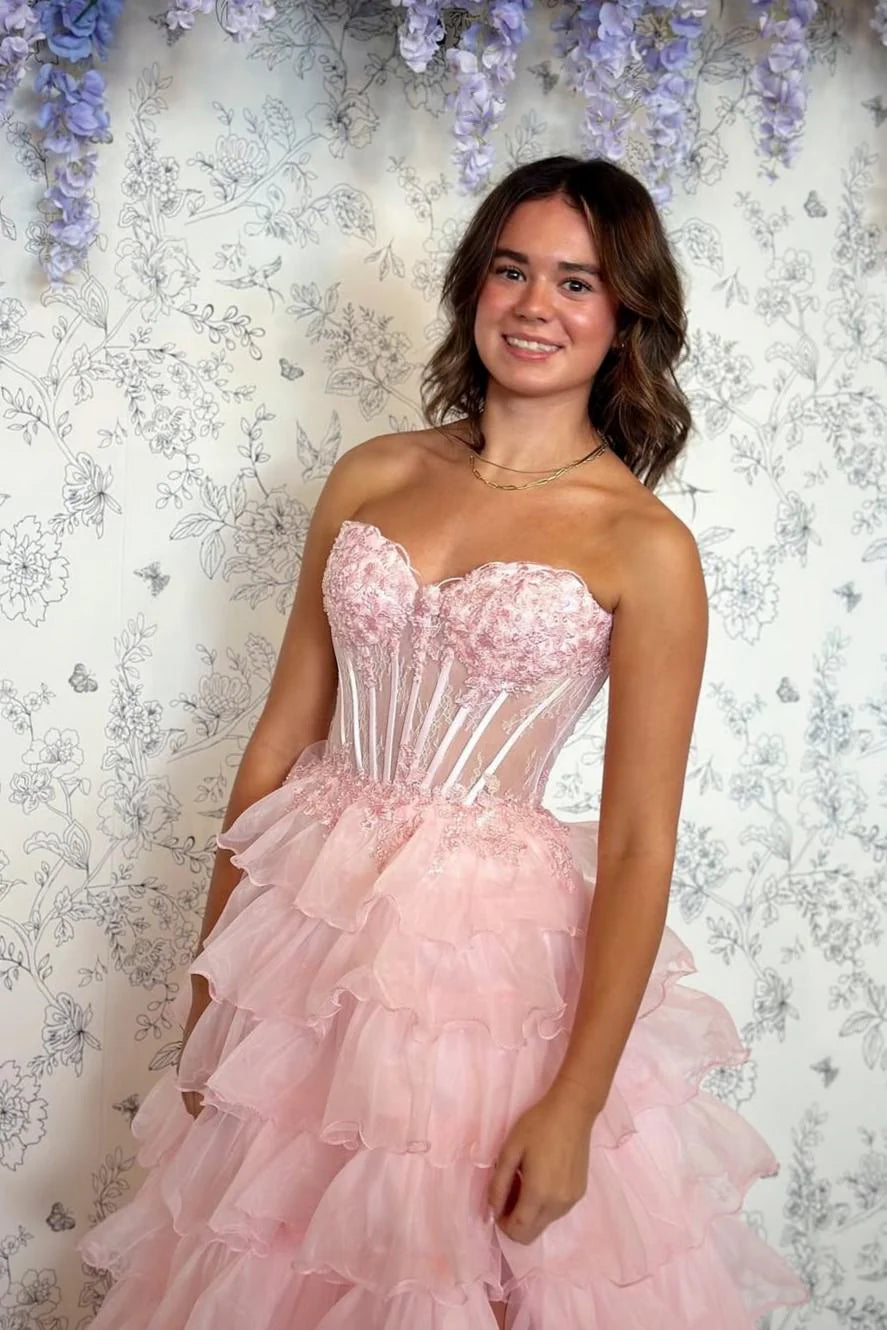 Romantic Blush Pink Sweetheart Corset Tiered Tulle Prom Gown With Slit AD211