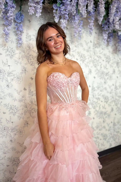 Romantic Blush Pink Sweetheart Corset Tiered Tulle Prom Gown With Slit AD211