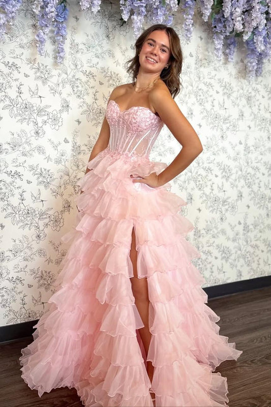 Romantic Blush Pink Sweetheart Corset Tiered Tulle Prom Gown With Slit AD211