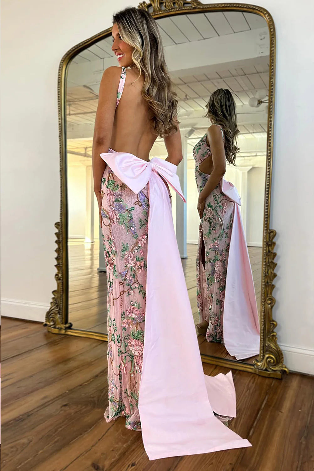 Luxury Blush Floral Sequin Evening Dress With High Slit And Big Bow Back AD212