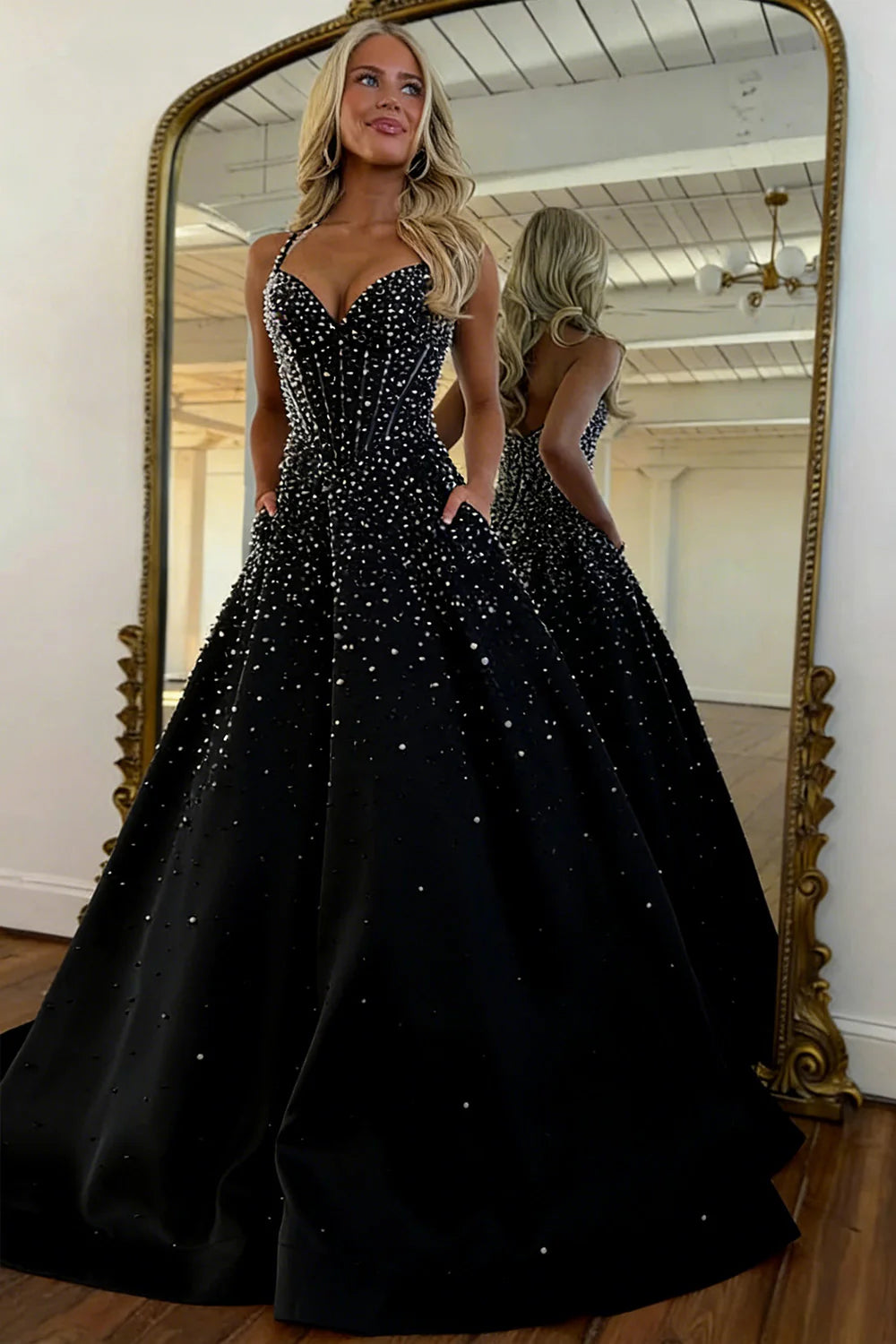 Blush Corset Pearl Ball Gown Prom Dress With Beaded Bodice & Full Skirt AD213