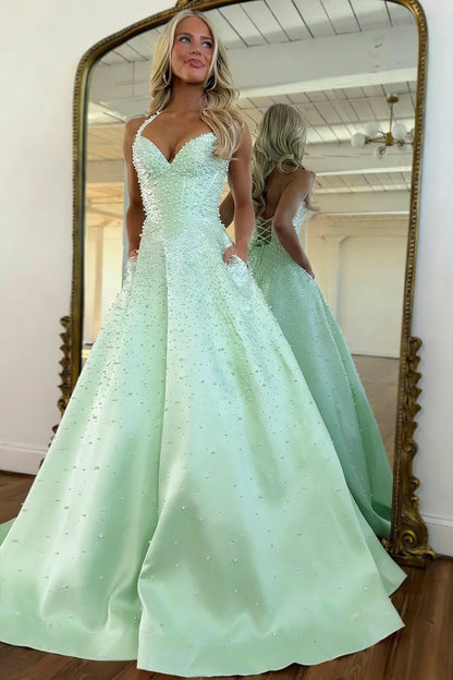 Blush Corset Pearl Ball Gown Prom Dress With Beaded Bodice & Full Skirt AD213