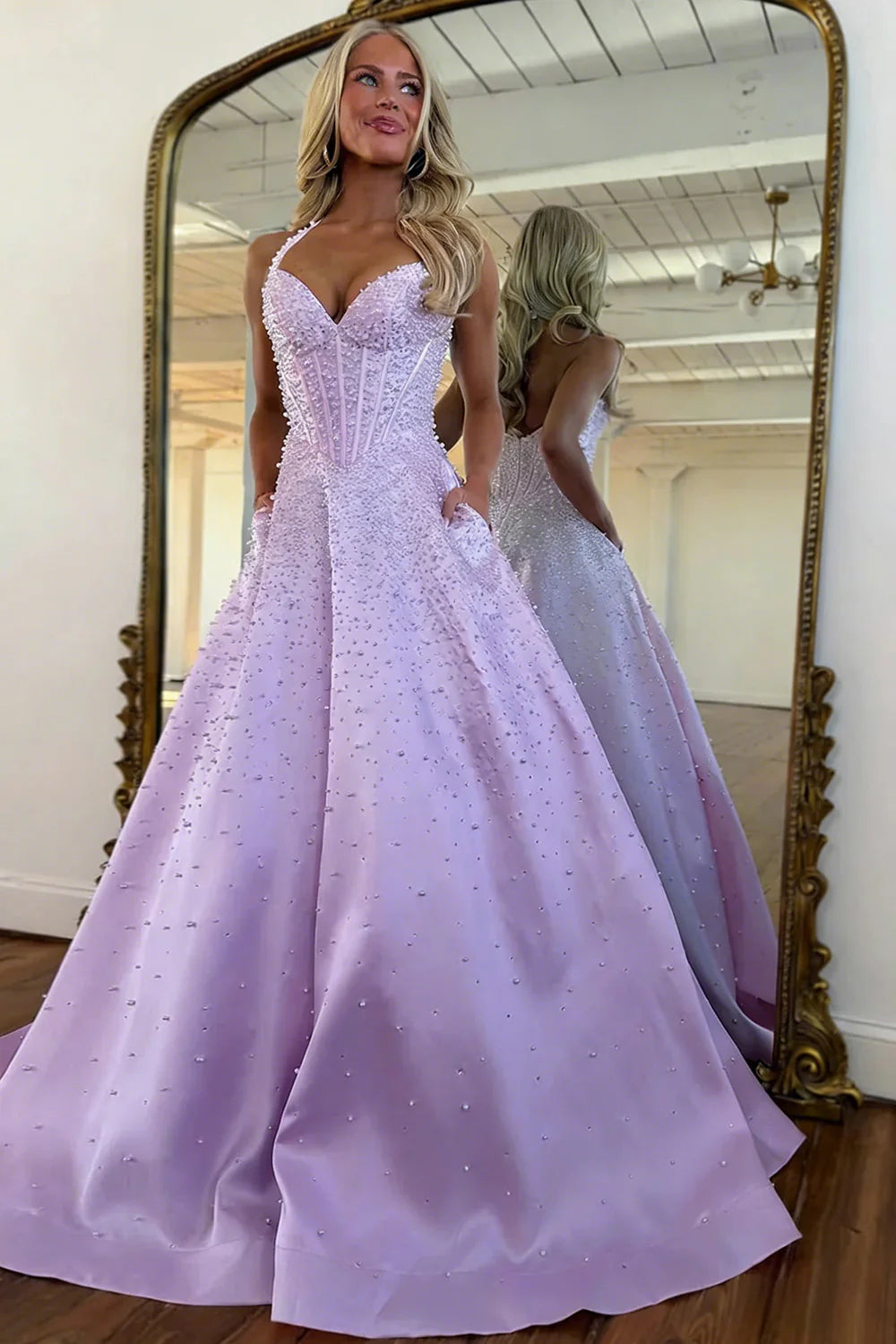 Blush Corset Pearl Ball Gown Prom Dress With Beaded Bodice & Full Skirt AD213