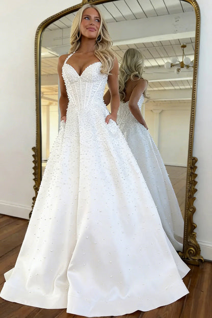 Blush Corset Pearl Ball Gown Prom Dress With Beaded Bodice & Full Skirt AD213
