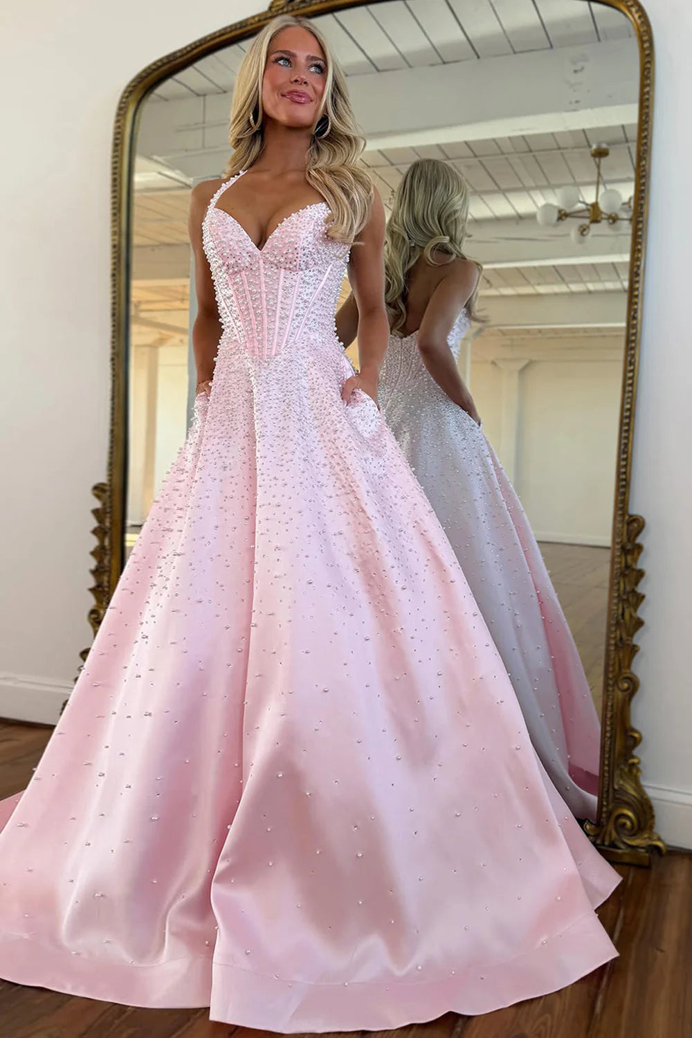 Blush Corset Pearl Ball Gown Prom Dress With Beaded Bodice & Full Skirt AD213