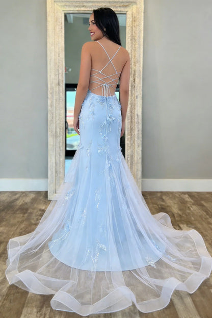 Light Blue Floral Appliqué Spaghetti Straps Mermaid Prom Dress With Tulle Train AD216