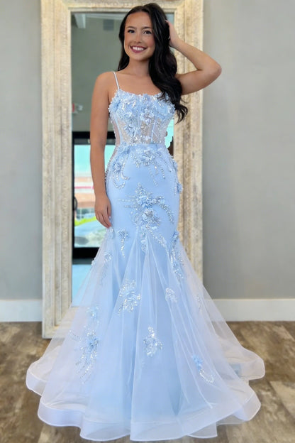 Light Blue Floral Appliqué Spaghetti Straps Mermaid Prom Dress With Tulle Train AD216