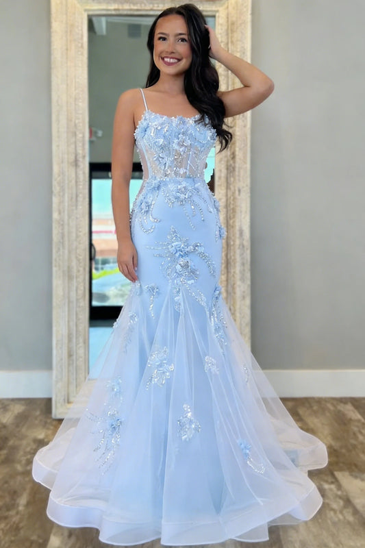 Light Blue Floral Appliqué Spaghetti Straps Mermaid Prom Dress With Tulle Train AD216