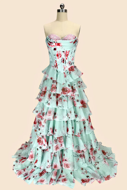 Romantic Floral Print Sweetheart Corset Prom Dress With Layered Skirt AD217