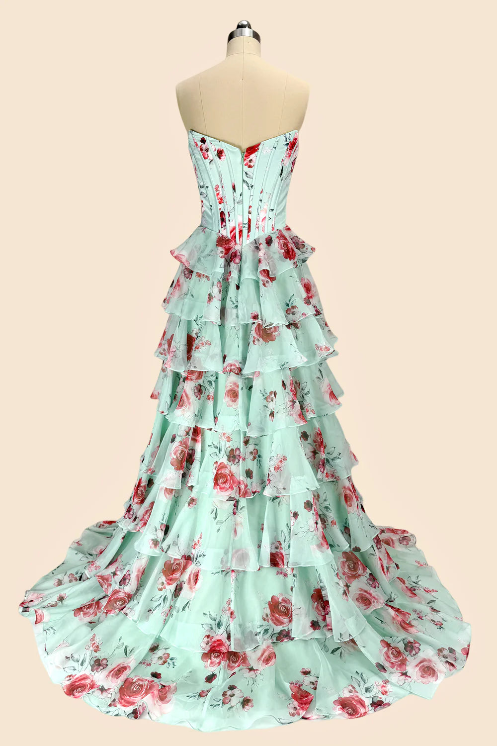 Romantic Floral Print Sweetheart Corset Prom Dress With Layered Skirt AD217
