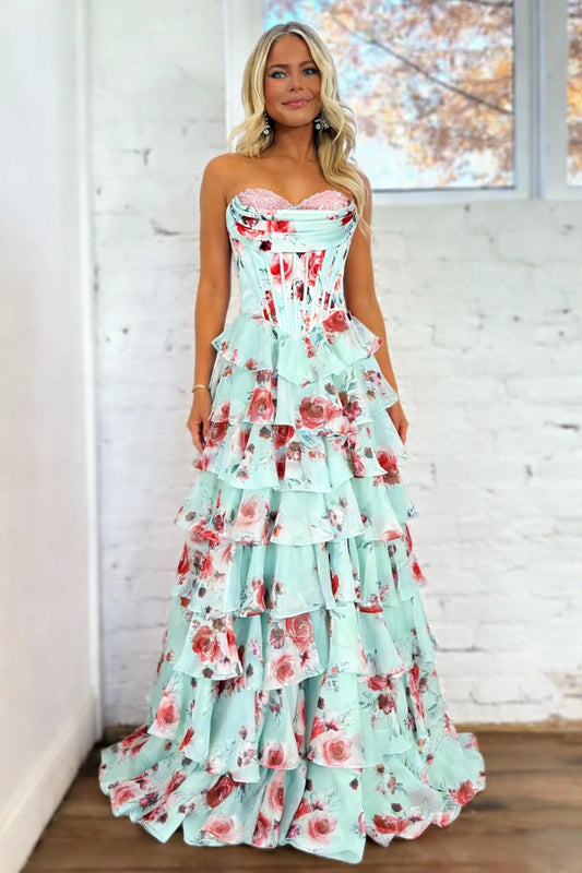 Romantic Floral Print Sweetheart Corset Prom Dress With Layered Skirt AD217
