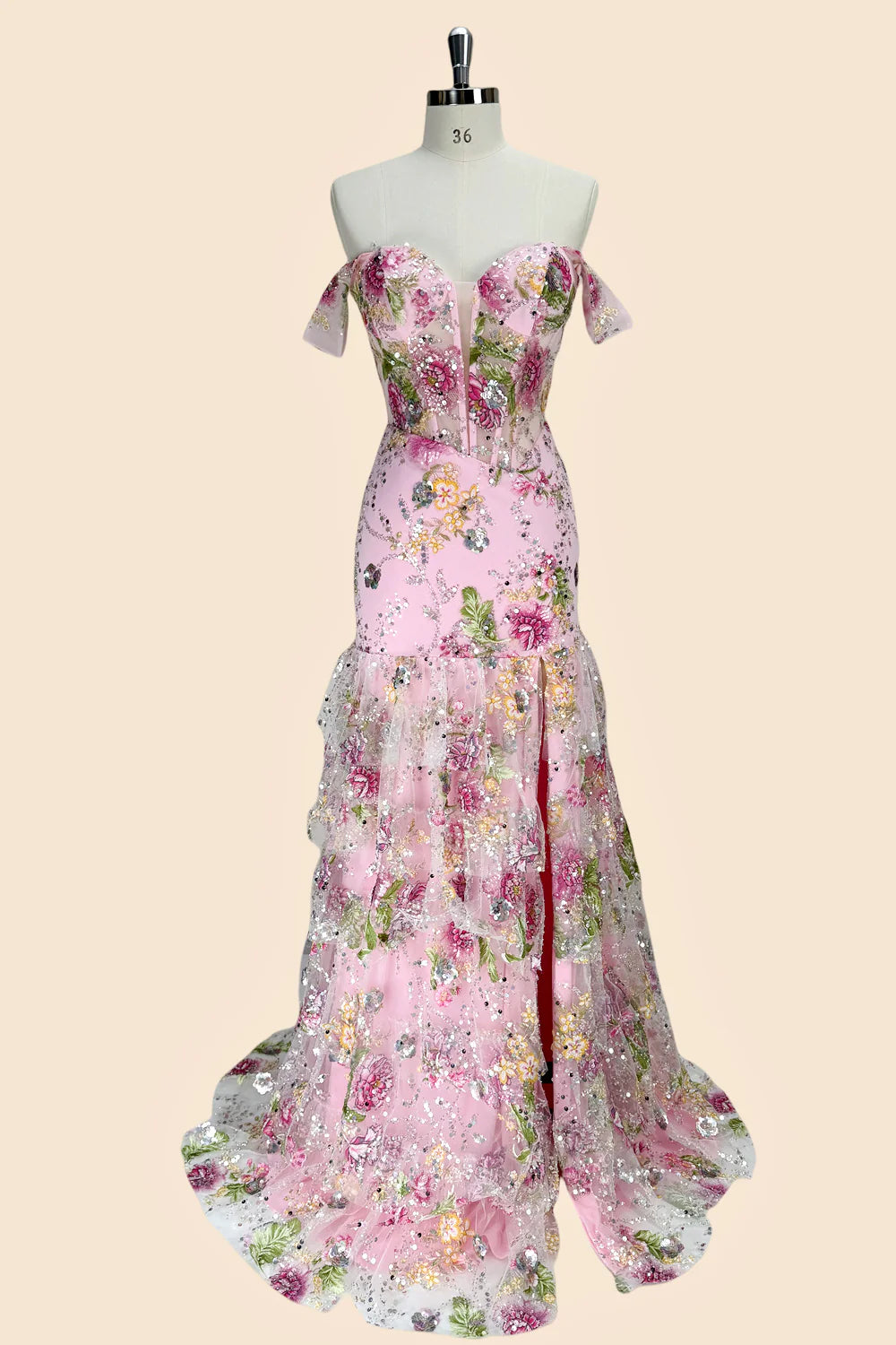 Pink Floral Off Shoulder Corset Mermaid Prom Dress with Slit and Lace Up Back AD218