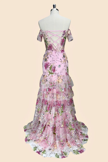 Pink Floral Off Shoulder Corset Mermaid Prom Dress with Slit and Lace Up Back AD218