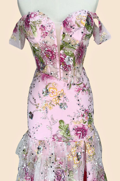 Pink Floral Off Shoulder Corset Mermaid Prom Dress with Slit and Lace Up Back AD218