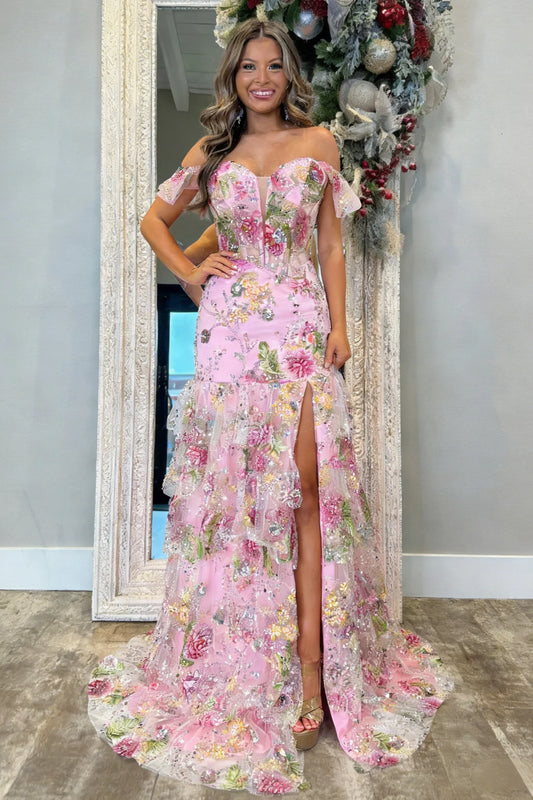 Pink Floral Off Shoulder Corset Mermaid Prom Dress with Slit and Lace Up Back AD218