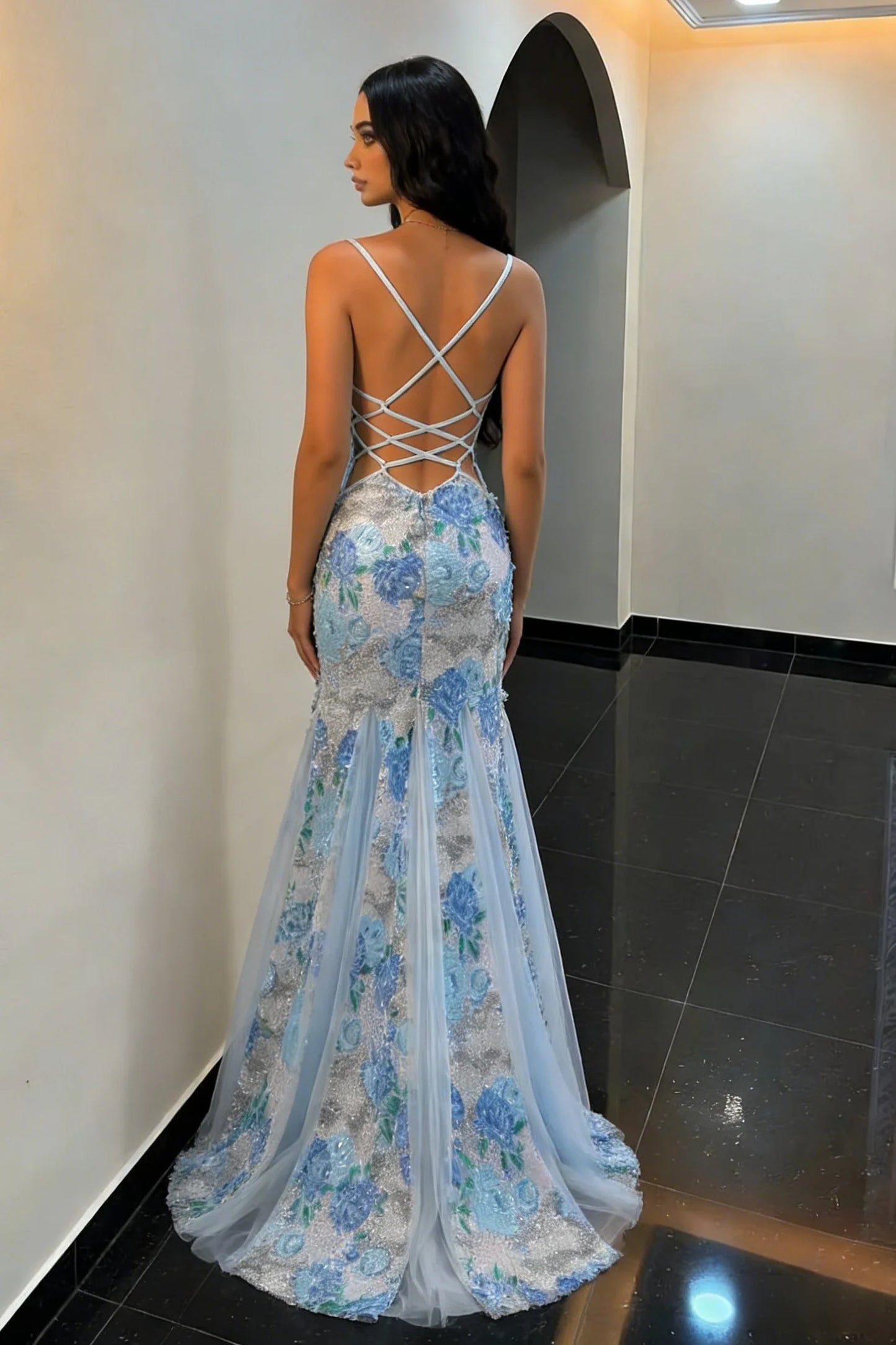 Sparkly Blue Floral Appliqué Mermaid Prom Dress With Lace Up Back And Slit AD219