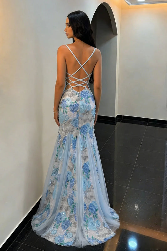 Sparkly Blue Floral Appliqué Mermaid Prom Dress With Lace Up Back And Slit AD219