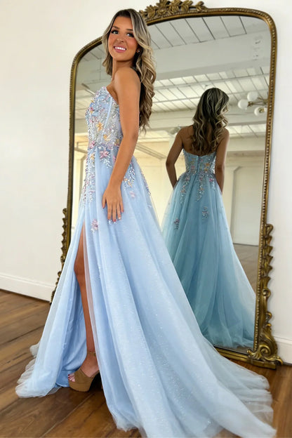 Romantic Light Blue Strapless Floral Appliqué Tulle Prom Dress With Flowing Train AD220