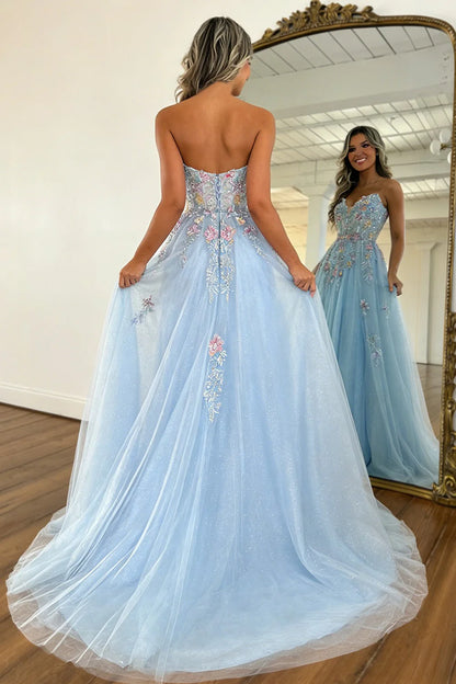 Romantic Light Blue Strapless Floral Appliqué Tulle Prom Dress With Flowing Train AD220