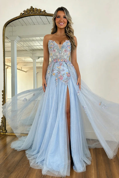 Romantic Light Blue Strapless Floral Appliqué Tulle Prom Dress With Flowing Train AD220