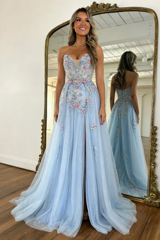 Romantic Light Blue Strapless Floral Appliqué Tulle Prom Dress With Flowing Train AD220