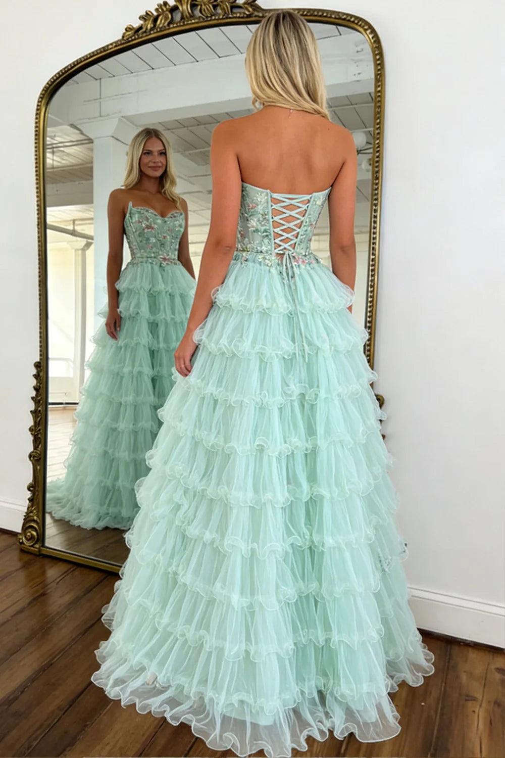 Princess Mint Green Tiered Tulle Prom Dress With Floral Embroidered Corset AD221