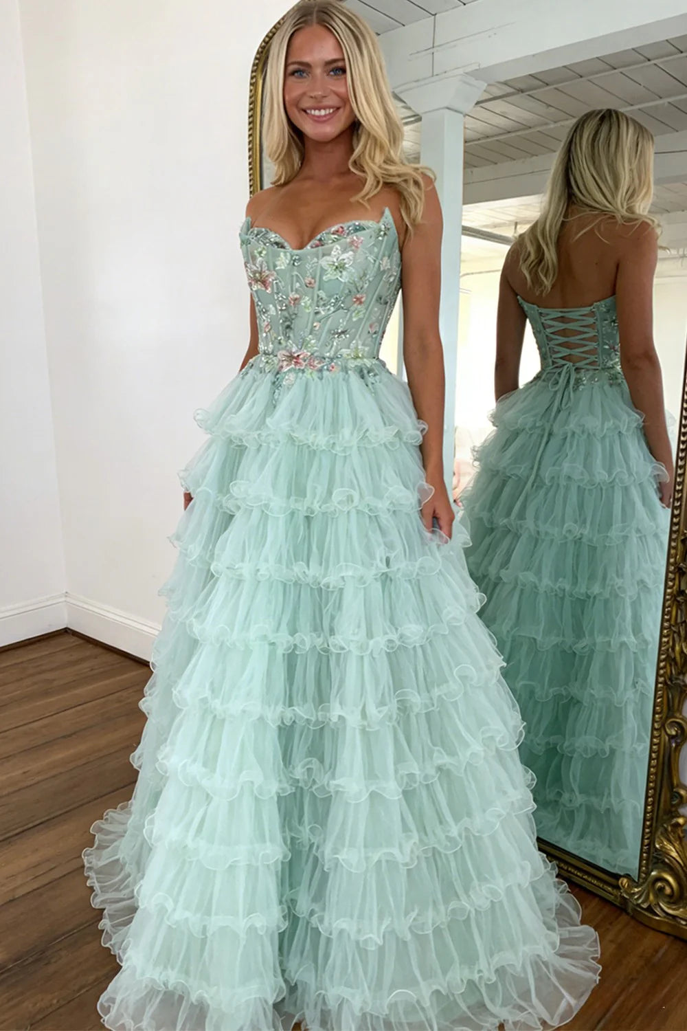Princess Mint Green Tiered Tulle Prom Dress With Floral Embroidered Corset AD221