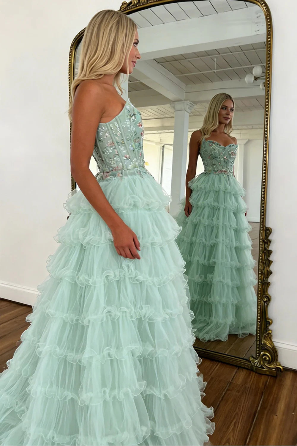 Princess Mint Green Tiered Tulle Prom Dress With Floral Embroidered Corset AD221