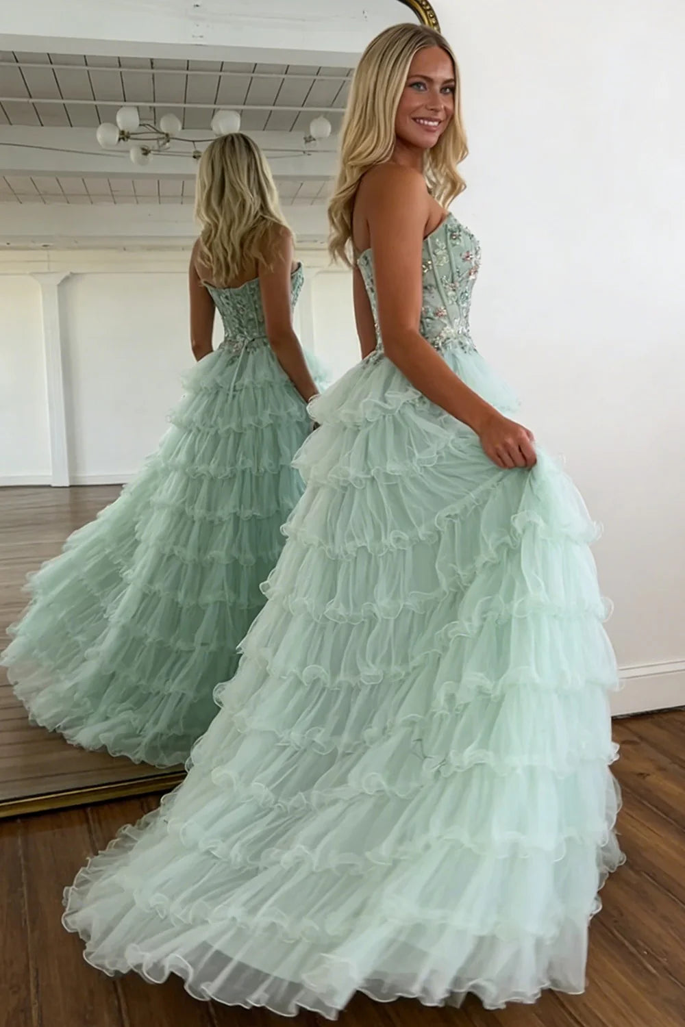 Princess Mint Green Tiered Tulle Prom Dress With Floral Embroidered Corset AD221