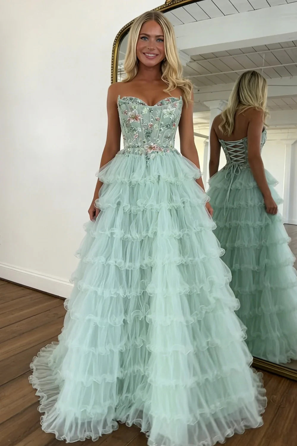 Princess Mint Green Tiered Tulle Prom Dress With Floral Embroidered Corset AD221