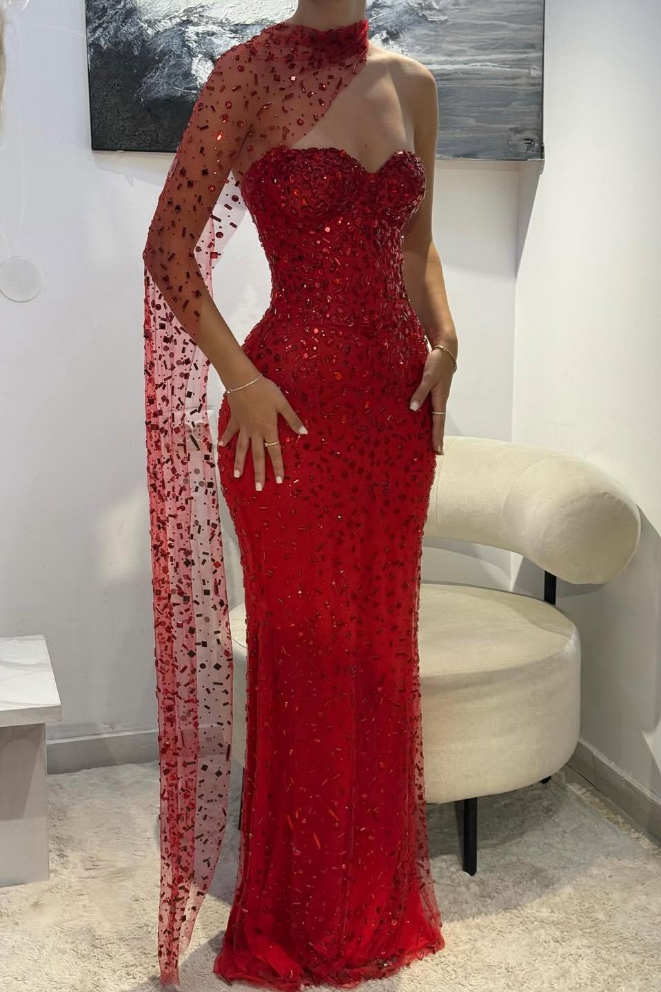 Elegant Red Sweetheart Beaded Fitted Mermaid Prom Dress With Scarf AD223