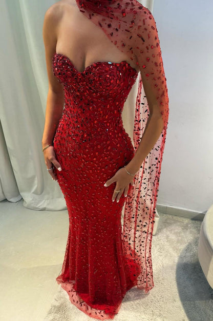Elegant Red Sweetheart Beaded Fitted Mermaid Prom Dress With Scarf AD223