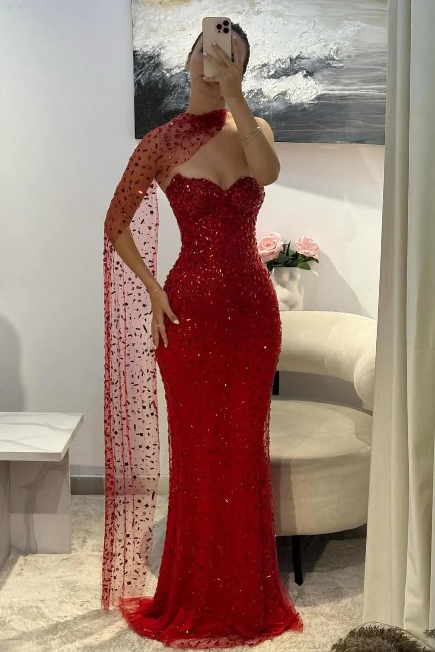 Elegant Red Sweetheart Beaded Fitted Mermaid Prom Dress With Scarf AD223