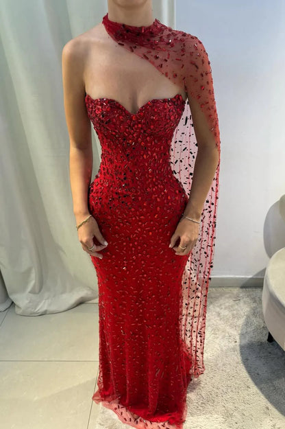 Elegant Red Sweetheart Beaded Fitted Mermaid Prom Dress With Scarf AD223