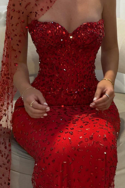 Elegant Red Sweetheart Beaded Fitted Mermaid Prom Dress With Scarf AD223