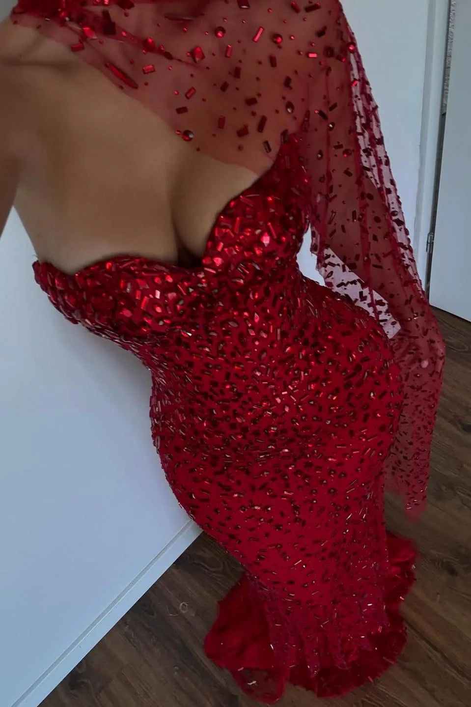 Elegant Red Sweetheart Beaded Fitted Mermaid Prom Dress With Scarf AD223