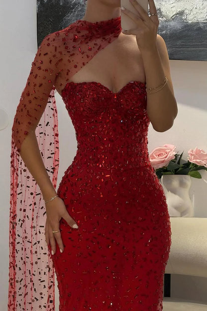 Elegant Red Sweetheart Beaded Fitted Mermaid Prom Dress With Scarf AD223