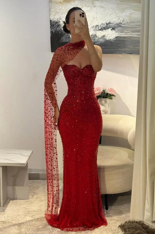 Elegant Red Sweetheart Beaded Fitted Mermaid Prom Dress With Scarf AD223