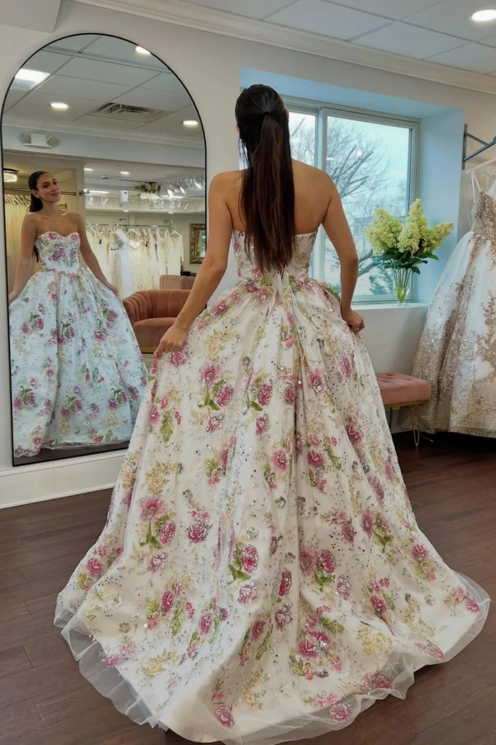 Romantic Floral Strapless Ball Gown Prom Dress With Embroidered Tulle And Full Skirt AD224