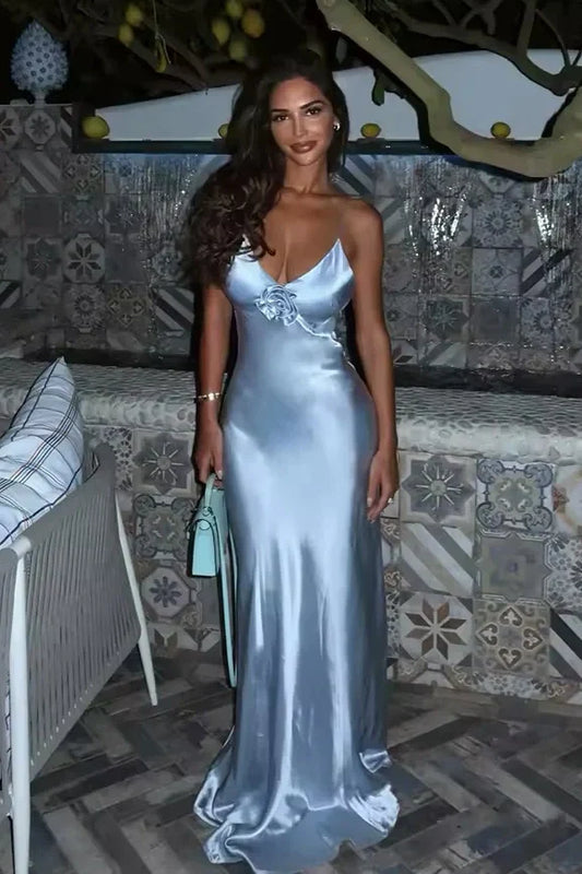 Stylish Mermaid Spaghetti Straps Grey Blue Long Prom Dress With 3D Flowers AD226