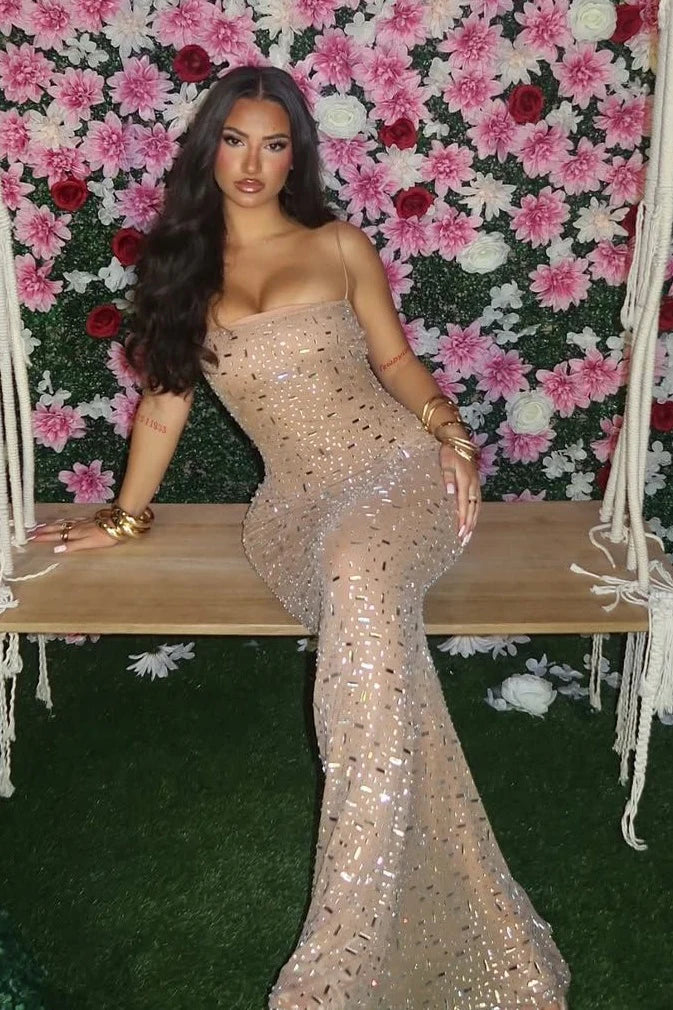 Sparkly Mermaid Spaghetti Straps Light Champagne Long Party Dress With Beading AD227