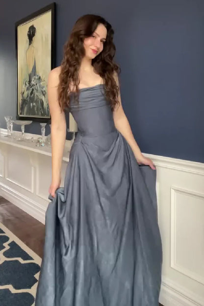 Elegant A Line Strapless Grey Blue Long Prom Dress With Ruffles AD228