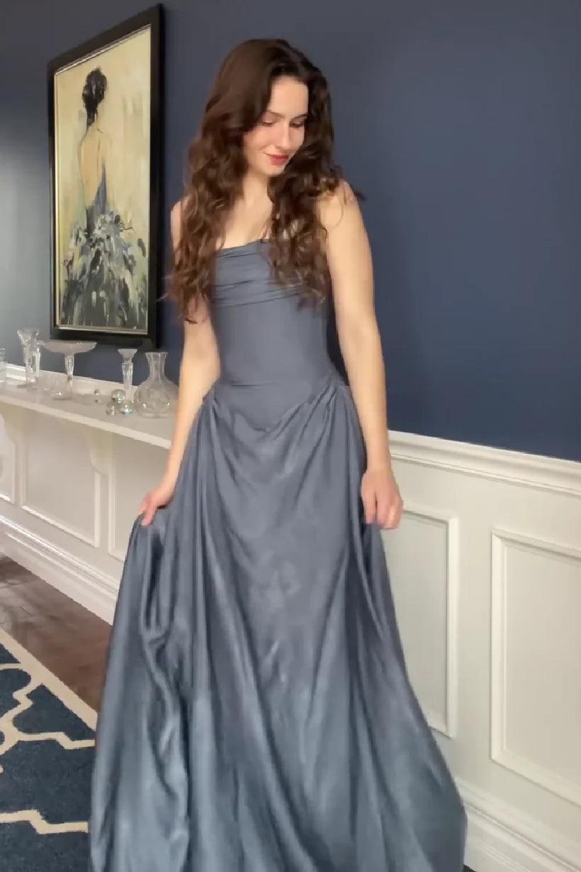 Elegant A Line Strapless Grey Blue Long Prom Dress With Ruffles AD228