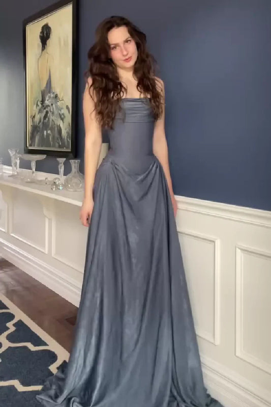 Elegant A Line Strapless Grey Blue Long Prom Dress With Ruffles AD228