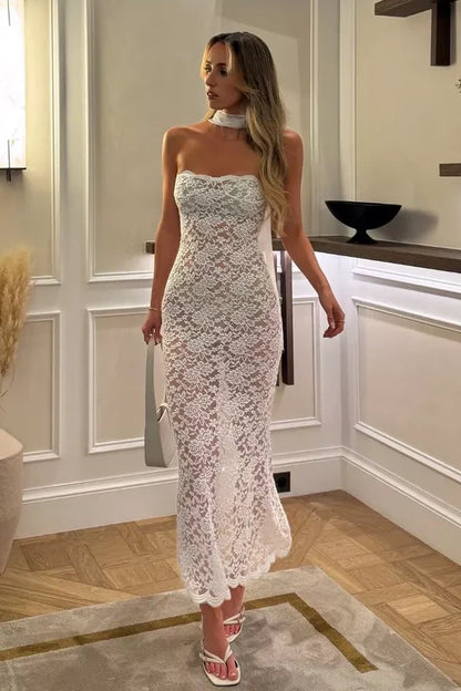Chic Sheath Strapless White Lace Tea Length Party Dress AD229