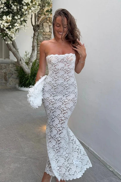 Chic Sheath Strapless White Lace Tea Length Party Dress AD229