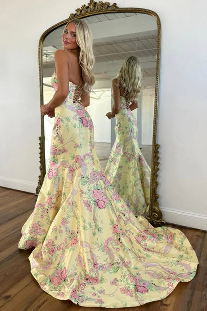 Vintage Inspired Floral Prom Dress With Strapless Bodice And Flowy Skirt AD232